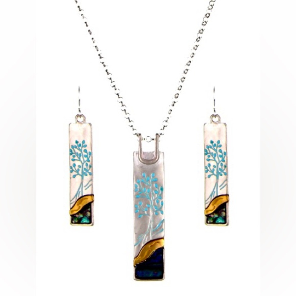 SILVER TONE & BLUE TREE OF LIFE PENDANT/NECKLACE AND EARRINGS SET